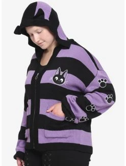 Deals 😍 Studio Ghibli Kiki's Delivery Service Jiji Stripe Skimmer 👧 Girls Hooded Cardigan Plus Size 🥰